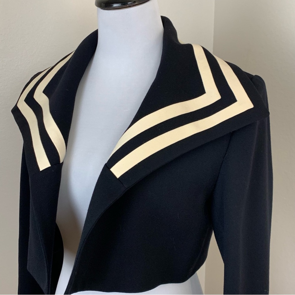 Vintage Rodney Vaughn SZ 4 Telford Black Cream Striped Sailor Collar Wool Jacket - Picture 2 of 10
